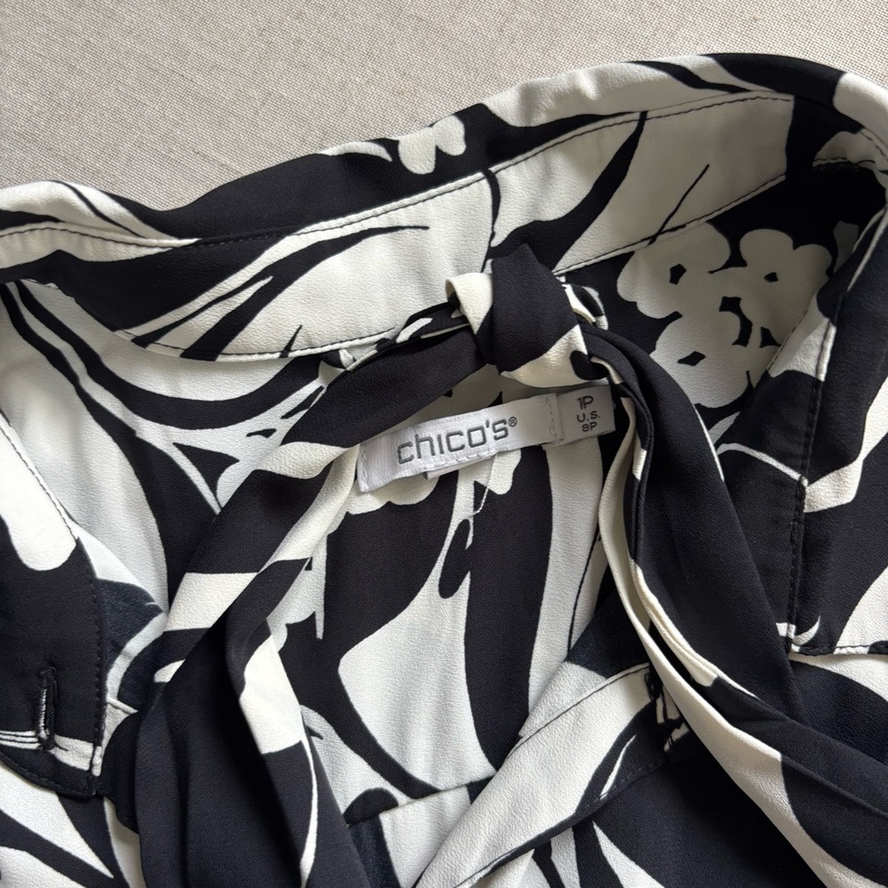 Chico’s Foliage Maxi Shirt Dress Women’s 1P (US 8P) Black White Button Front - Picture 4 of 8